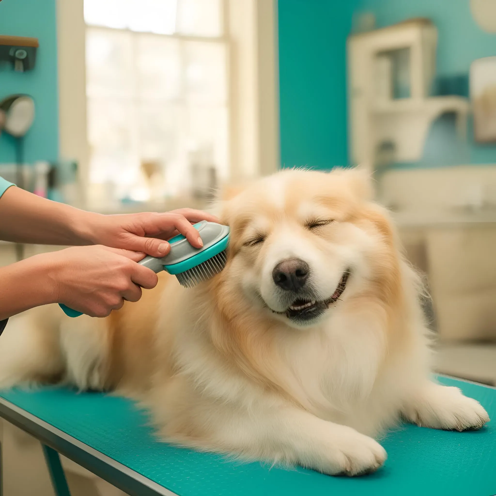 The experienced groomer's hands gently brushing a relaxed, contented dog on a teal-accented grooming table