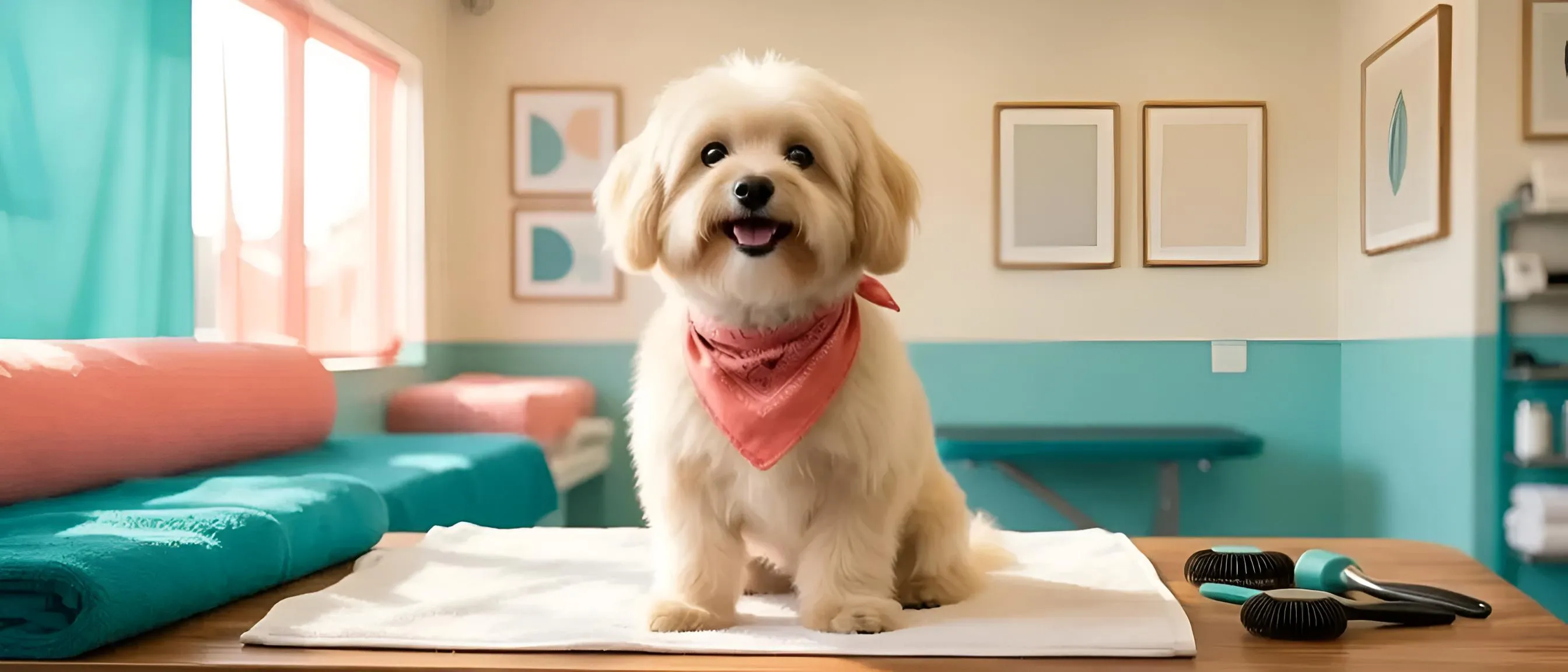 A freshly groomed happy small dog in Top Dog Pet Grooming Salon's warm teal-accented Christchurch salon